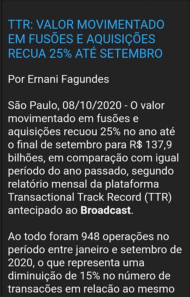 TTR: valor movimentado em fuses e aquisies recua 25% at setembro